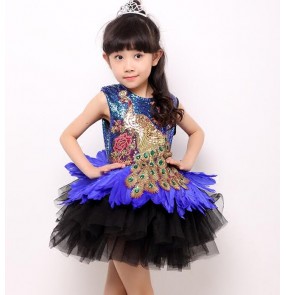 Royal blue green black patchwork feather sequins embroidery peacock pattern girls kids children princess jazz singer stage performance school play t show 